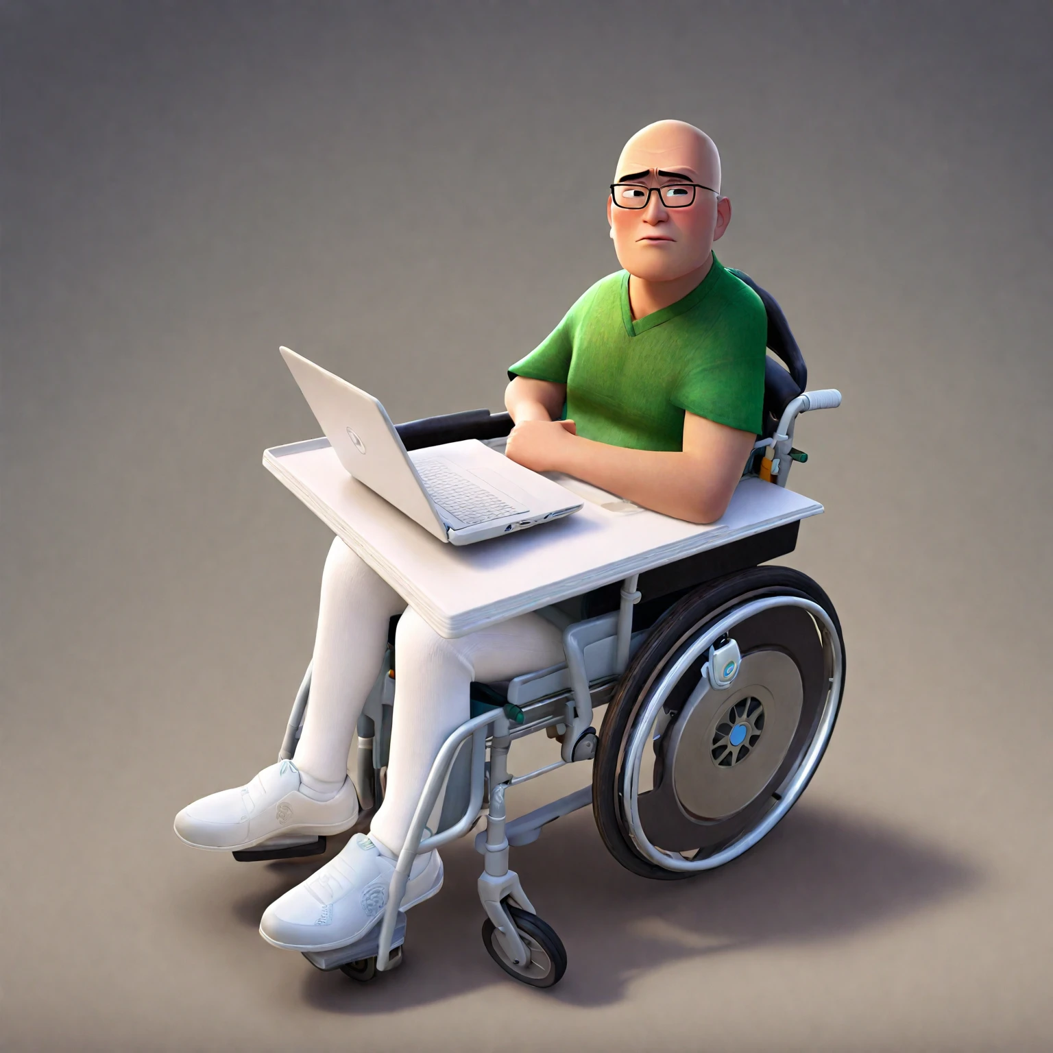 best qualityer, high resolution, Pixar-style, distinct image, Youngh, masculine, Doctor, baldie, kind, wear glasses, greeneyes, he uses a wheelchair, Cao Cao, roupa branca de Doctor, white social pants, white dress shoes, sitting in wheelchair with computer stand