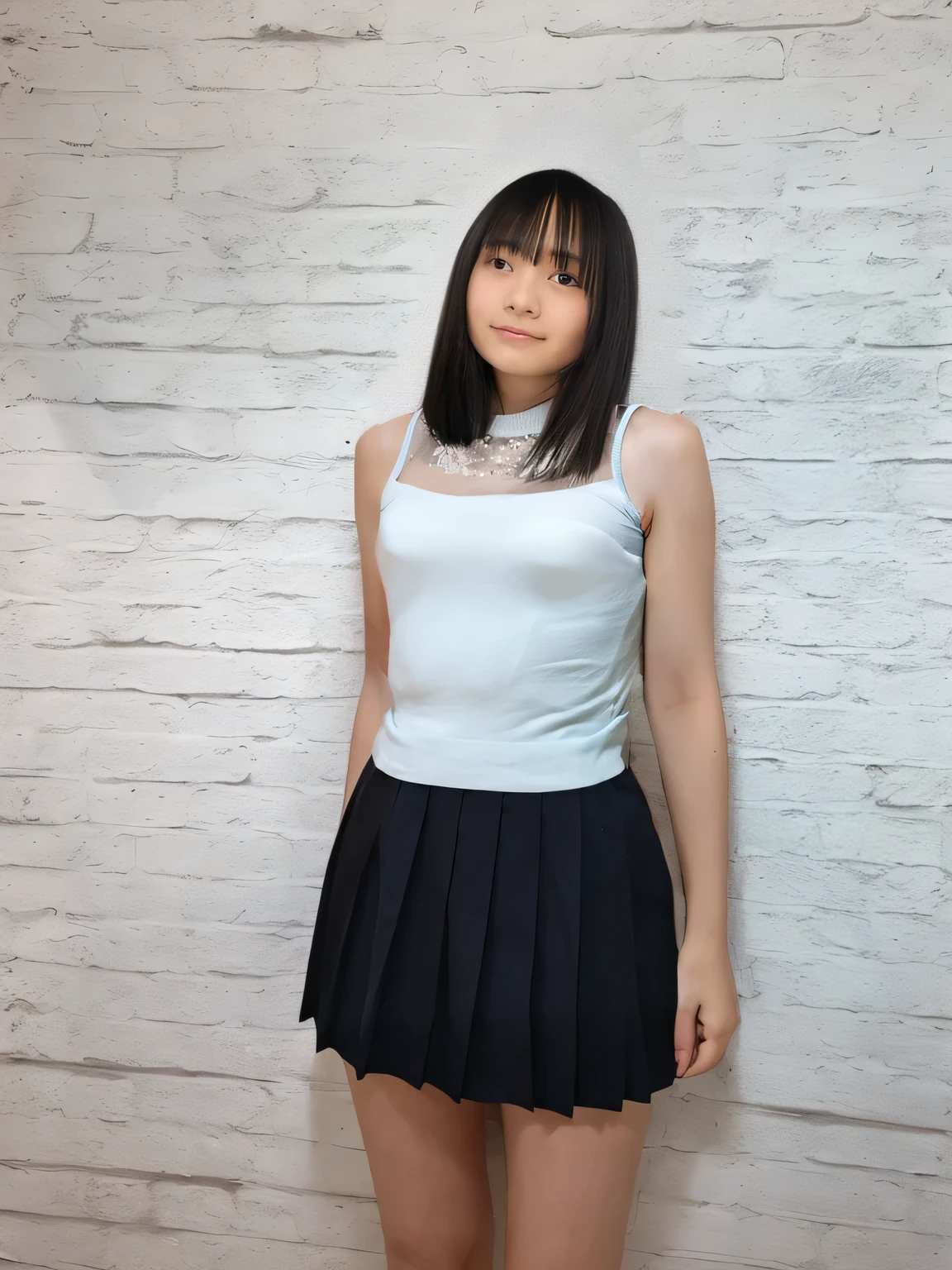 Highest quality,Super detailed,One high school girl,Turn slightly to the side and look at me,Wearing a sleeveless white top,black pleated mini skirt,Posing for a photo