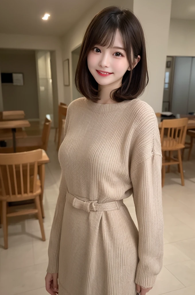 Standing、 Wear warm clothes、indoor、Very short hair、Berry Shortcut、Highest quality, figure, Super detailed, In detail, High resolution, 8k wallpaper, Perfect dynamic composition, Beautiful attention to detail, dress,Medium Hair, Small breasts、Natural color lip, Random sexy poses,smile,24-years-old