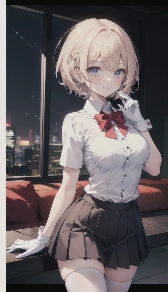 (8K, RAW photos, best quality, masterpiece:1.2), (Practical, photo-Practical:1.37), Extremely detailed,
1 girl,Lovely, Solitary,Beautiful and detailed sky,(Red and swollen nose),(Smile:1.1),(Shut up),Large Breasts, seductive Smile, Big Apartment, Professional lighting, Sony A7R4, Jersey 50mm F1.8,
Medium breasts,Beautiful and delicate eyes,(Collared shirt:1.1), bow tie,Pleated Skirt,(short hair:1.2),Flowing hair ,Long hair,White gloves,Eyes with highlights,miniskirt,White tights