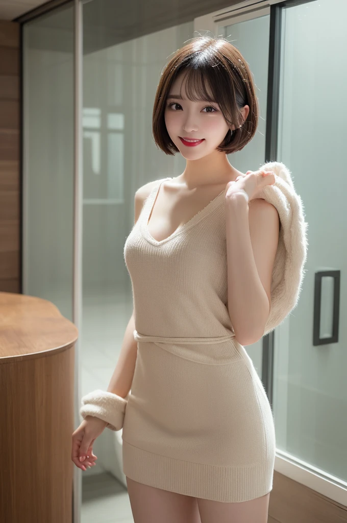 Standing、 Wear warm clothes、indoor、Very short hair、Berry Shortcut、Highest quality, figure, Super detailed, In detail, High resolution, 8k wallpaper, Perfect dynamic composition, Beautiful attention to detail, dress,Medium Hair, Small breasts、Natural color lip, Random sexy poses,smile,24-years-old