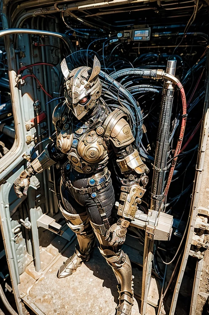 A full-length figure of a cool girl wearing a detailed steampunk armored suit. Exposed wiring, lots of cords and tubes connecting to the system. 