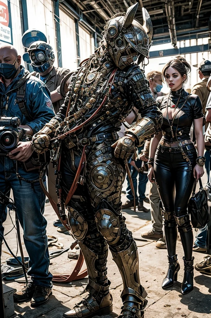 A full-length figure of a cool girl wearing a detailed steampunk armored suit. Exposed wiring, lots of cords and tubes connecting to the system. 