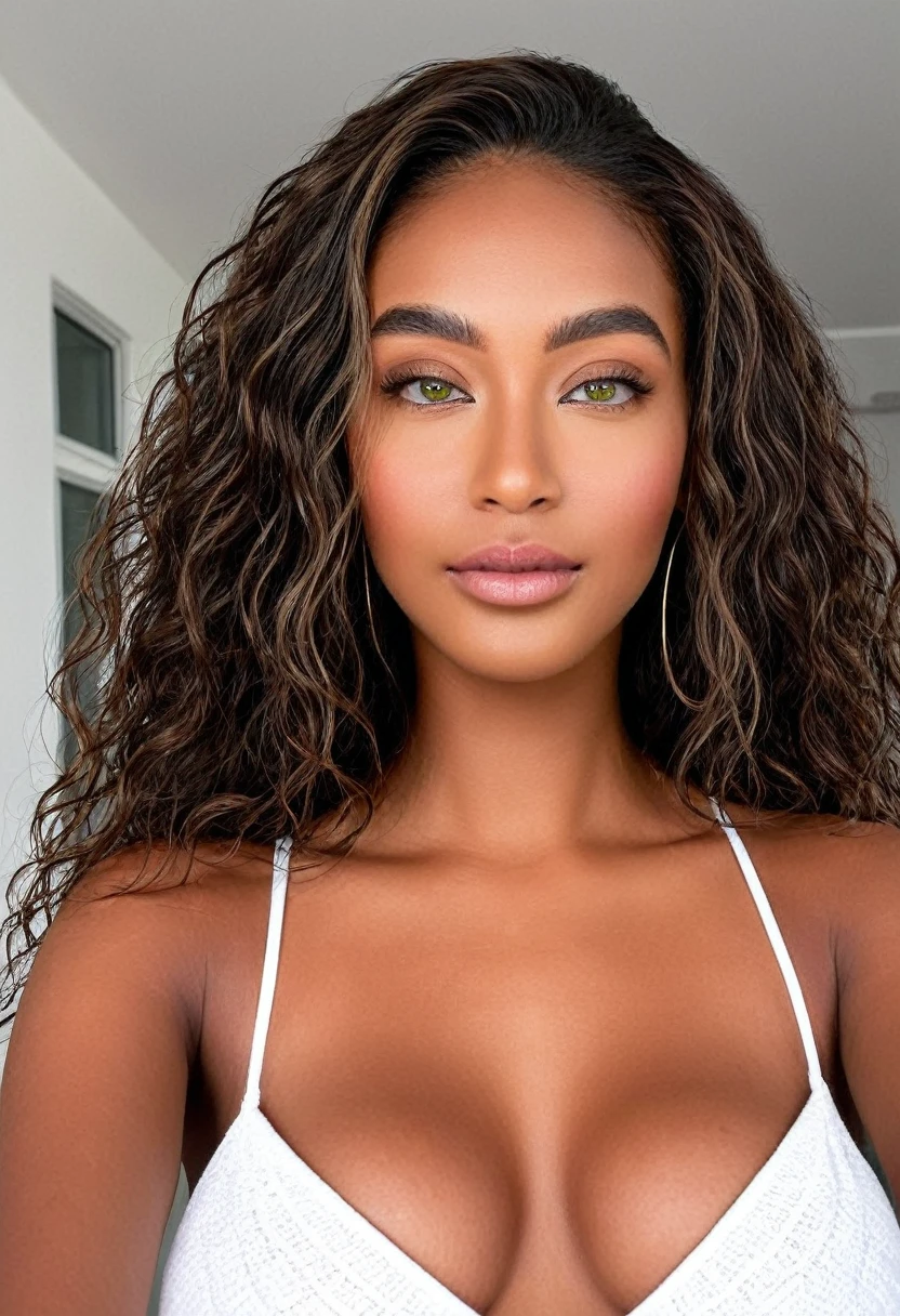 (selfie, vista superior: 1,4), (metade reta do corpo: 1,4), foto de retrato RAW UHD, a beautiful woman, beautiful Latin face, Brazilian supermodel, stunning, stunning beauty, Angolan descent, most beautiful woman in the world, jaw-dropping beauty, young adult 30 years old, She has an exotic beauty, native Brazilian, tall woman, a stunning black African woman, with indigenous features, beautiful indigenous girl, ((An indigenous African girl with European ebony)), ((her beauty is undeniable)), beautiful young ebony girl with dark skin, tanned Mexican. *hair: Curly black hair with brown highlights, Voluminous black hair with brown highlights, vibrant and dynamic cut with soft waves. *eyes: green and expressive eyes, beautiful green eyes, realistic green eyes, detailed green eyes, ultra realistic, symmetrical, hyper realistic, (eyeliner, long eyelashes), intense and penetrating look, seductive, mysterious and charming look, look at it magnetism, attraction and fascination. * Eyebrows: Perfect eyebrows that arch gracefully above the eyes and are thick. * the nose is small and proportional to the face and the soft contour of the face that accentuates the high cheekbones. *Mouth: Attractive and irresistible mouth, well-defined lips, full lips, voluminous lips, seductive lips, captivating, striking, unforgettable, mischievous, sexy, your features are captivating, seductive expression, a seductive smile is enigmatic *Face shape: O the face is oval, with high cheekbones and a well-defined chin, a beautiful and detailed face. *Makeup: Makeup is subtle, but highlights natural features. Skin Tone: Olive skin, with healthy and even glow, with olive skin, dark skin, sexy girl with dark skin, detailed skin texture, beautiful and glowing skin, intricate details, smooth skin, healthy and radiant appearance. *body: attractive and slim woman, medium bust, athletic, thin waist, wide hips, big butt, thick thighs, shapely legs. Selfie fotograph,((melhor qualidade)), ((Obra de arte)), ((re