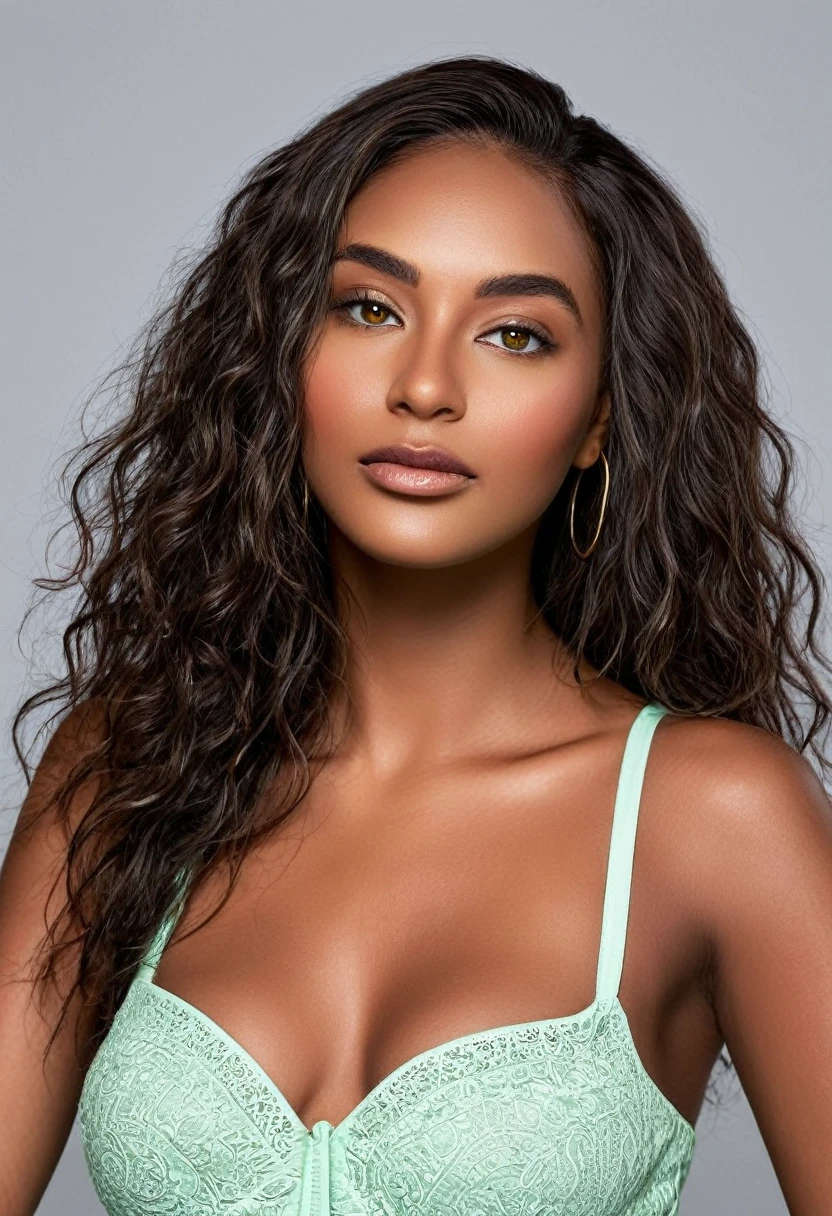(selfie, vista superior: 1,4), (metade reta do corpo: 1,4), foto de retrato RAW UHD, a beautiful woman, beautiful Latin face, Brazilian supermodel, stunning, stunning beauty, Angolan descent, most beautiful woman in the world, jaw-dropping beauty, young adult 30 years old, She has an exotic beauty, native Brazilian, tall woman, a stunning black African woman, with indigenous features, beautiful indigenous girl, ((An indigenous African girl with European ebony)), ((her beauty is undeniable)), beautiful young ebony girl with dark skin, tanned Mexican. *hair: Curly black hair with brown highlights, Voluminous black hair with brown highlights, vibrant and dynamic cut with soft waves. *eyes: green and expressive eyes, beautiful green eyes, realistic green eyes, detailed green eyes, ultra realistic, symmetrical, hyper realistic, (eyeliner, long eyelashes), intense and penetrating look, seductive, mysterious and charming look, look at it magnetism, attraction and fascination. * Eyebrows: Perfect eyebrows that arch gracefully above the eyes and are thick. * the nose is small and proportional to the face and the soft contour of the face that accentuates the high cheekbones. *Mouth: Attractive and irresistible mouth, well-defined lips, full lips, voluminous lips, seductive lips, captivating, striking, unforgettable, mischievous, sexy, your features are captivating, seductive expression, a seductive smile is enigmatic *Face shape: O the face is oval, with high cheekbones and a well-defined chin, a beautiful and detailed face. *Makeup: Makeup is subtle, but highlights natural features. Skin Tone: Olive skin, with healthy and even glow, with olive skin, dark skin, sexy girl with dark skin, detailed skin texture, beautiful and glowing skin, intricate details, smooth skin, healthy and radiant appearance. *body: attractive and slim woman, medium bust, athletic, thin waist, wide hips, big butt, thick thighs, shapely legs. Selfie fotograph,((melhor qualidade)), ((Obra de arte)), ((re