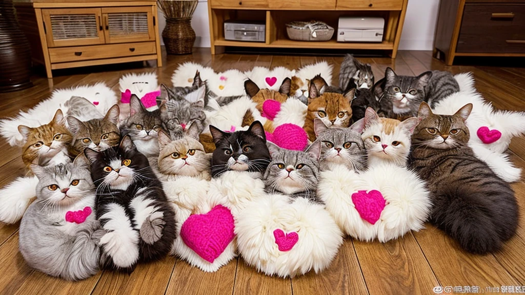 Create an image featuring a heart-shaped  arrangement of various cats with different fur colors and patterns,  sitting on a  floor in the middle of them the Letters: 'Happy Caturday'