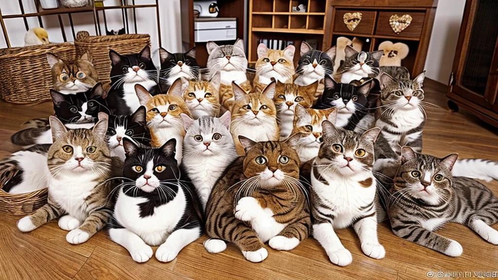 Create an image featuring a heart-shaped arrangement of various cats with different fur colors and patterns, sitting on a floor in the middle of them the Letters: 'Happy Caturday'