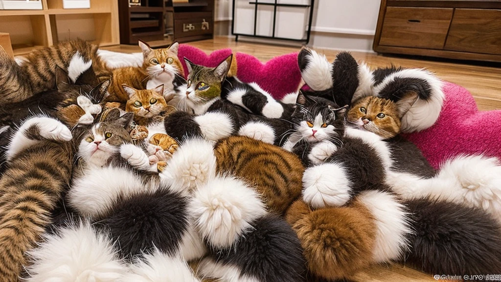 Create an image featuring a heart-shaped arrangement of various cats with different fur colors and patterns, sitting on a floor in the middle of them the Letters: 'Happy Caturday'