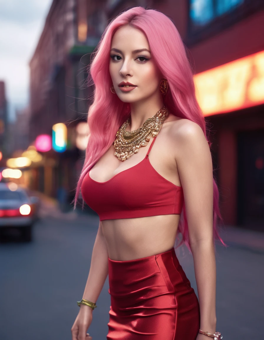 beautiful woman with long pink hair, styled hair, jewelry, beads,wearing red tight skirt and red, unbuttoned shirt, cleavage top,going for night club,dynamic poses,far away shot, 16K, photorealistic, UHD, RAW, film grain