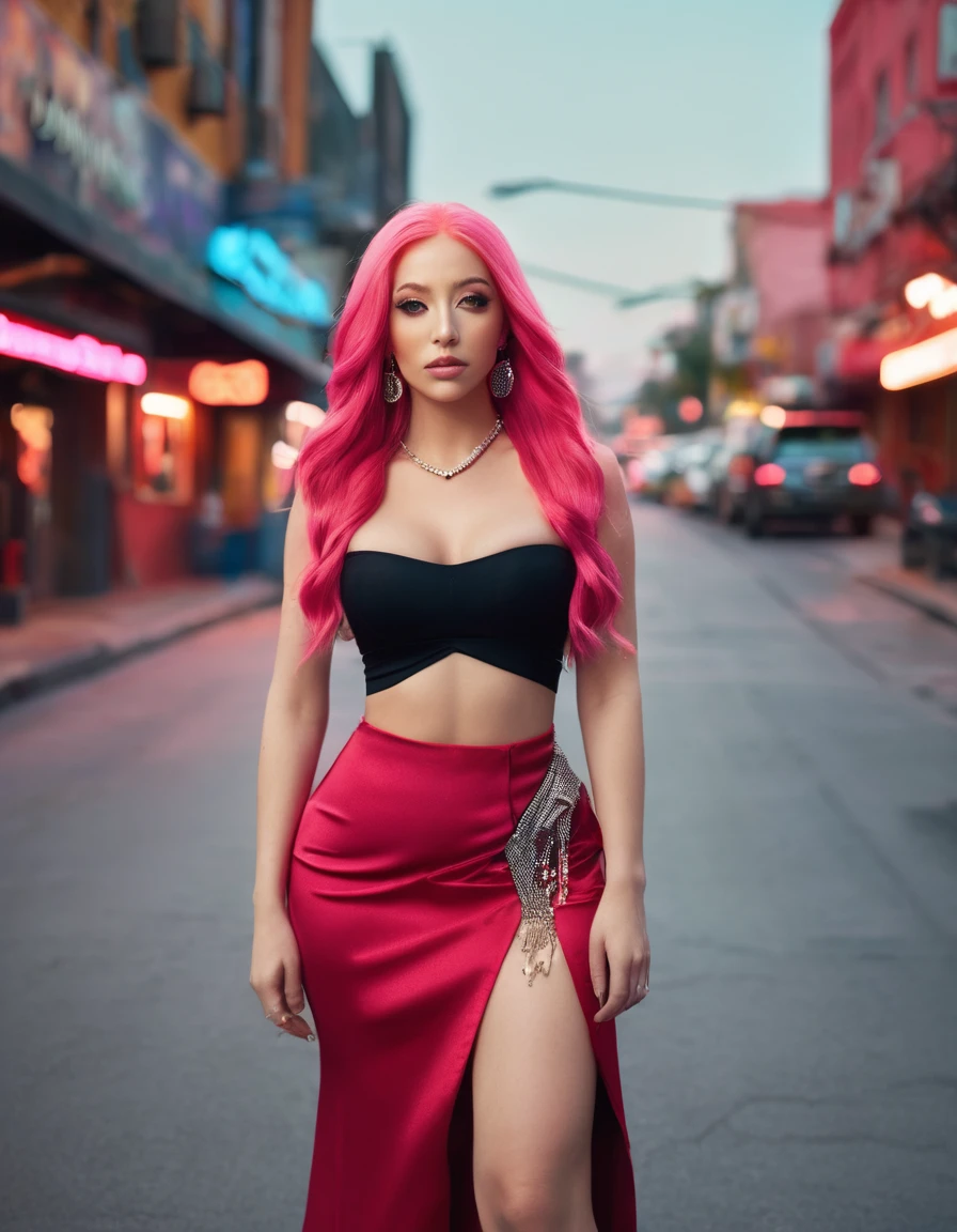 beautiful woman with long pink hair,messey hair, styled hair, jewelry, beads,wearing red tight skirt and red, unbuttoned shirt, cleavage top,going for night club,dynamic poses,far away shot, 16K, ultra high res.photorealistic, UHD, RAW, film grain,real background
