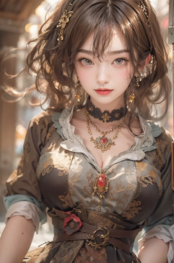 (masterpiece:1.3), (8K, Realistic, RAW Photos, Best image quality: 1.4), Japanese 、18-year-old,(Random Hairstyles:1.2)、Cleavage:1.2、Highly detailed face、Attention to detail、double eyelid、Chest to chest、Sharp focus:1.2、Beautiful woman:1.4、Light brown hair、Highest quality、masterpiece、Ultra-high resolution、(Realistic:1.4)、Highly detailed and professionally lit smiles、Loose fitting steampunk outfit、Shoulder out、thin、Serious expression、Holding a gorgeous necklace in her right hand, In the city、Eat dinner