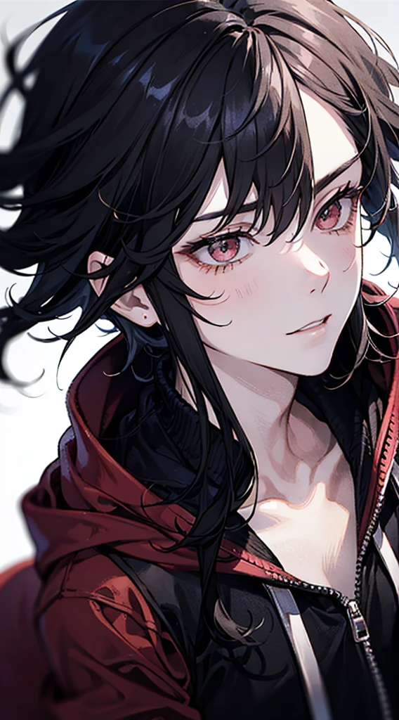a boy with black hair and red eyes. messy hair. staring blankly. wearing a black hoodie. (Close-up:1.1)