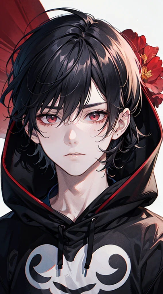 a boy with black hair and red eyes. messy hair. staring blankly. wearing a black hoodie. (Close-up:1.1)