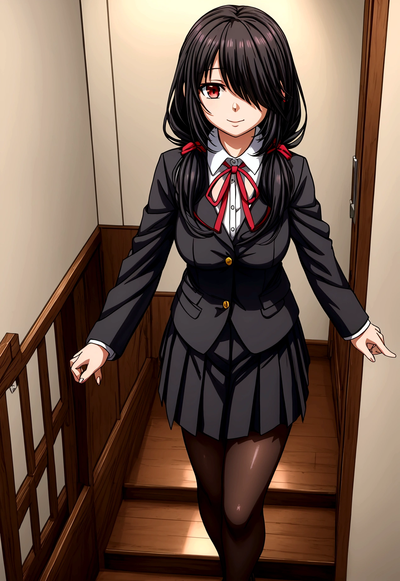 ultra-detailed,highly detailed,best quality,masterpiece,illustration,realistic, photo,photorealistic,
1girl, tokisaki kurumi,cosplay,hair over one eye, looking at viewer, happy girl,low twintails,
, blazer, collared shirt, neck ribbon, pleated skirt, pantyhose, hair rings, loafers,
indoors, walking, stairwell, 
