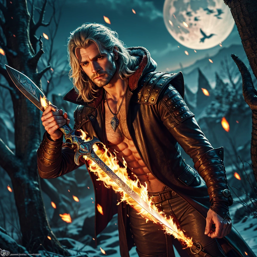 unparalleled "Geralt of Rivia : The Witcher" holding blade,skell,insane Henry-Cavill F/1 Photorealism RAW, Cosmetic artistry massive elaborate amazing composition,lambert and vesemir,(ultra high-quality,ultra highres,epic top masterpiece:1.2),symmetrical ultra-detailed,ultra realistic:1.37,wolf school background,wolf symbol,portrait,ulra sharp focus,physically-based rendering,professional,vivid colors,bokeh,handsome facial features,baltic amber medallion,captivating blue eyes,long silver hair,sculpted muscles,silver sword,ageless face,warrior's scars,dangerous expression,fierce and determined look,dark and mysterious atmosphere,strong presence,eerie glow,stag antler necklace,elegant black leather armor,stormy sky,snow-covered landscape,gloomy forest,wisps of magic in the air,fireflies dancing in the night,full moon illuminating the scene,dramatic lighting effect,detail of chainmail armor,ember-eyed black wolf in the background,grim expression of Vesemir,skeptical gaze of Lambert,silent and imposing Skell,unwavering loyalty to Geralt,expression of camaraderie and trust,swirling mist surrounding them,hint of danger and adventure in the air. Heavy Large Sword invoke fire elemental flmngprsn summon flame ablaze embers hearth beholder bright epiceye embers,ultra-realista, detalhes intrincados,((obra de arte,melhor qualidade)),((Cinematic Light)),hyper realista,assustador,dark fantasia,armadura detalhada,Capacete detalhado,epic realista,desaparecido,((cores neutras)),arte,(HDR:1.5),(cores suaves:1.2),hyper detalhado,luzes quentes, efeito de luz, dramatic light,(detalhes intrincados:1.1),fundo complexo, (Greg Rutkowski:0.8),(teal and orange:0.4), (Whirling lightning),(whirlwind of ice snow),(epic tMasterpiece,max best quality,ultra-highdef,ultra-highres),ultra-detailed,ultra sharp focus,varies,multi,nude etc. --v 6 --s 1000 --c 20 --q 5 --chaos 100
