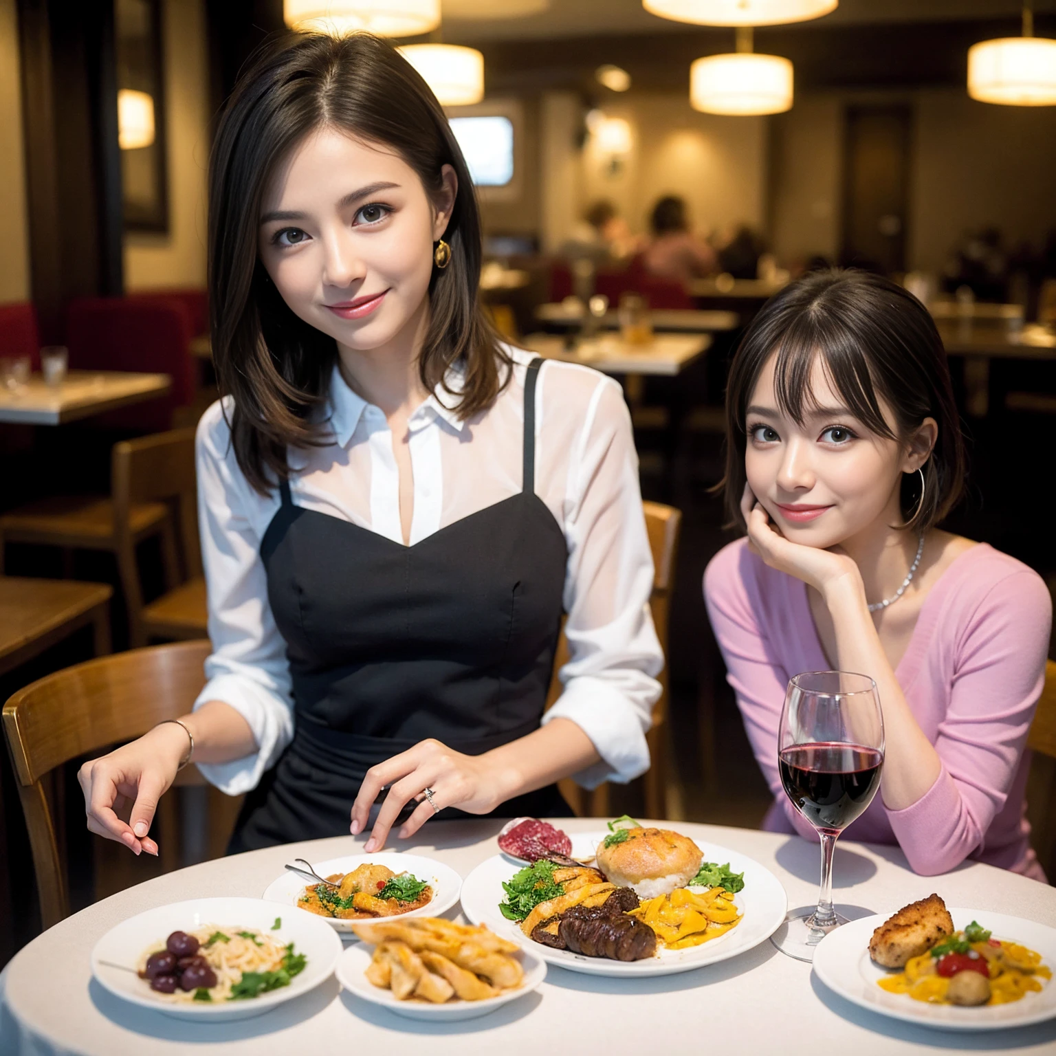 ((Highest quality、8K、masterpiece:1.3))、slimカップル、Pink rubber、modelカップル、(Realistic, Intricate details:1.2), full-course dinner、Wine Party、Amazing view of the sunset sky and clouds、A bright smile、The wonderfulness of smile、Bright image、The beauty of wine, Beautiful Face, blue eyes, The light shines on your face, Blushing, short hair,Bright Face、 (Age 37), 39 years old, red wine 、Appetizers、Italian food、Wine bottle、Champagne、sparkling wine、Two beauties、Brown Hair、Shortcuts、Long sleeve shirt、dress、Beautiful woman 1, (slimな顔), (The body is slim), (Brown Hair), (Shortcuts), cheeks turn a little red,Attractive beauty、restaurant, In a prominent place (From the waist up) Nova Frog Style, actress, model, Upper Body, White wine, slim, wine glass, 中央に置かれたwine glass, smile, (smile: 1.15), Beautiful fine grain, Depth f/2,saturation, High Contrast, Strong light and shadow,Moist Body:1.5、3D texture、Delicate eyes、Brown Hair、The hair is very shiny、