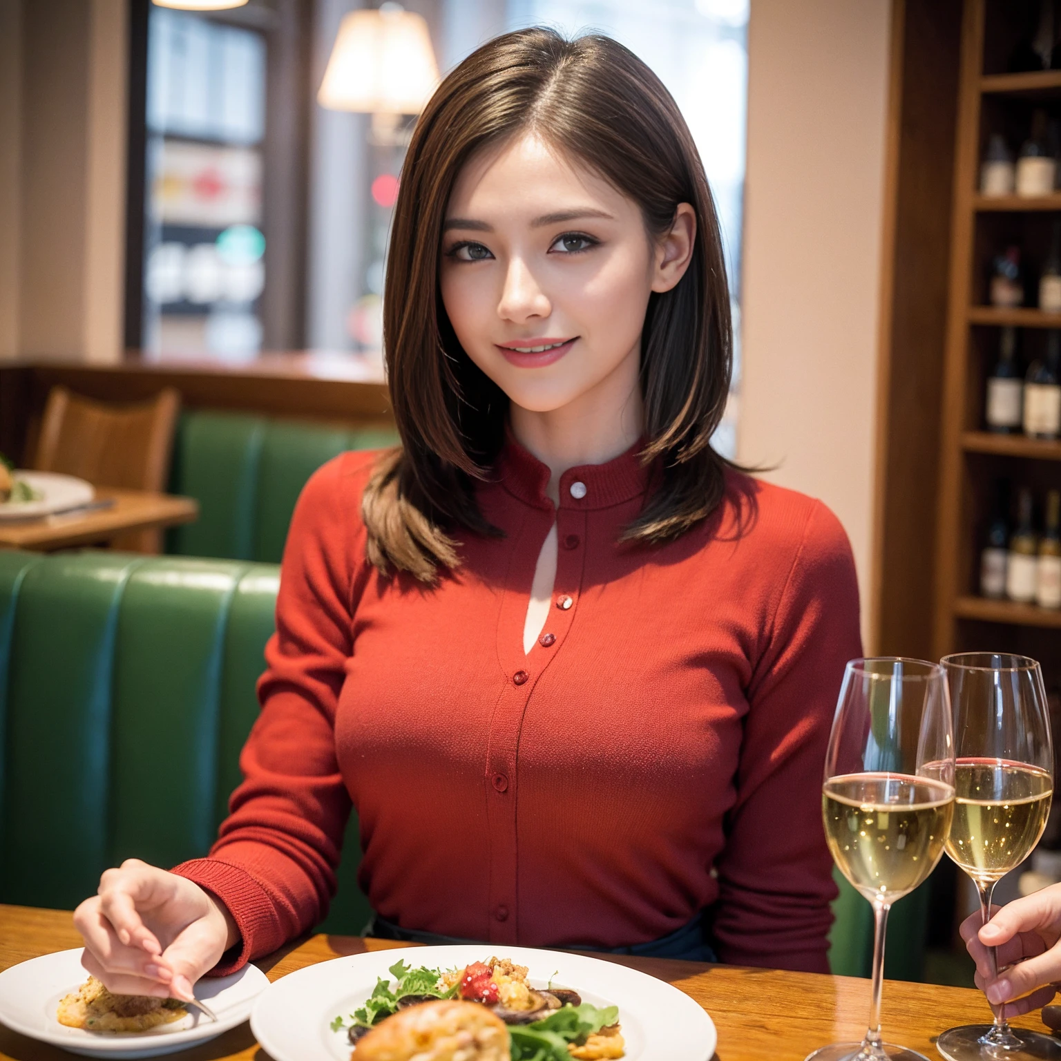 ((Highest quality、8K、masterpiece:1.3))、slimカップル、Pink rubber、modelカップル、(Realistic, Intricate details:1.2), full-course dinner、Wine Party、Amazing view of the sunset sky and clouds、A bright smile、The wonderfulness of smile、Bright image、The beauty of wine, Beautiful Face, blue eyes, The light shines on your face, Blushing, short hair,Bright Face、 (Age 37), 39 years old, red wine 、Appetizers、Italian food、Wine bottle、Champagne、sparkling wine、Two beauties、Brown Hair、Shortcuts、Long sleeve shirt、dress、Beautiful woman 1, (slimな顔), (The body is slim), (Brown Hair), (Shortcuts), cheeks turn a little red,Attractive beauty、restaurant, In a prominent place (From the waist up) Nova Frog Style, actress, model, Upper Body, White wine, slim, wine glass, 中央に置かれたwine glass, smile, (smile: 1.15), Beautiful fine grain, Depth f/2,saturation, High Contrast, Strong light and shadow,Moist Body:1.5、3D texture、Delicate eyes、Brown Hair、The hair is very shiny、