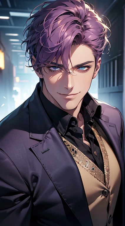 (best quality, masterpiece, 8K, photorealistic, cinematic lighting, 1:4 hdr image, ultra detailed, beautiful image), a mature man, 35 years very handsome, ((cold expression smile in love)), short  purple hair, blue eyes, face perfect without mistakes, ((buttoning his jacket, CEO)), smile.