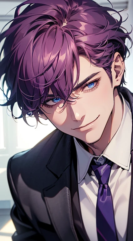 (best quality, masterpiece, 8K, photorealistic, cinematic lighting, 1:4 hdr image, ultra detailed, beautiful image), a mature man, 35 years very handsome, ((cold expression smile in love)), short  purple hair, blue eyes, face perfect without mistakes, ((buttoning his jacket, CEO)), smile.