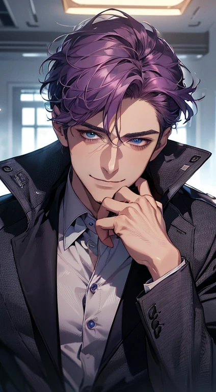 (best quality, masterpiece, 8K, photorealistic, cinematic lighting, 1:4 hdr image, ultra detailed, beautiful image), a mature man, 35 years very handsome, ((cold expression smile in love)), short purple hair, blue eyes, face perfect without mistakes, ((buttoning his jacket, CEO)), smile.