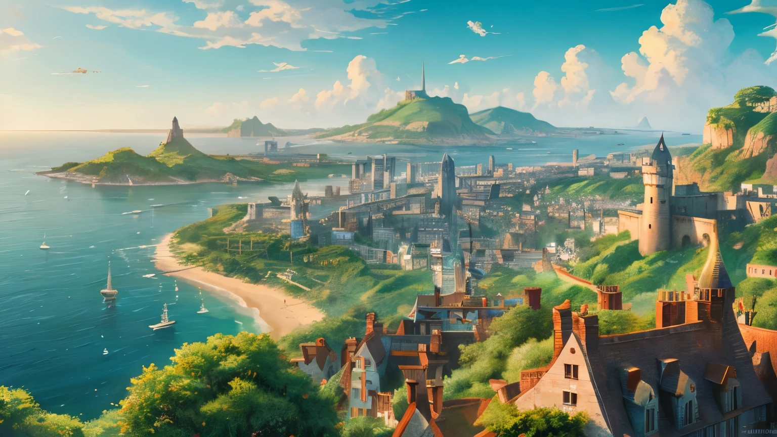 masterpiece,Highest quality,Official Art,Highly detailed CG Unity 8k wallpaper,Outdoor, animal, Ocean,sunlight,Studio Ghibli,Warmth,Laputa,Townscape,Castle in the Sky,Wales