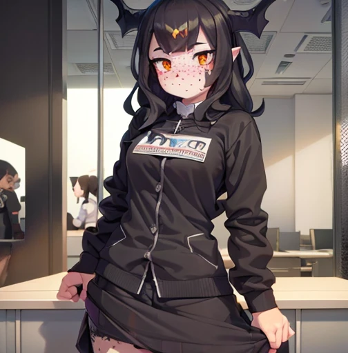 (detailed), (((bat girl))), (((murcielago))), gray skin, black wavy hair, ((Skirt)), (((freckles in the face))), (((office worker suit))), (sfw)
