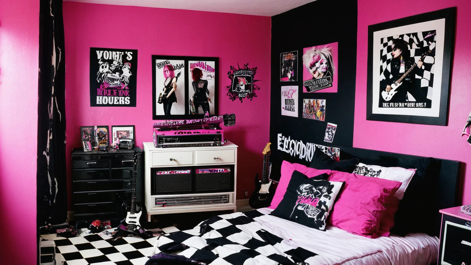 early 2000's era edgy punk rock girls themed bedroom, girl's room, pink & black walls, checkered carpet, band posters on walls, electric guitar hanging on wall, middle class household, background