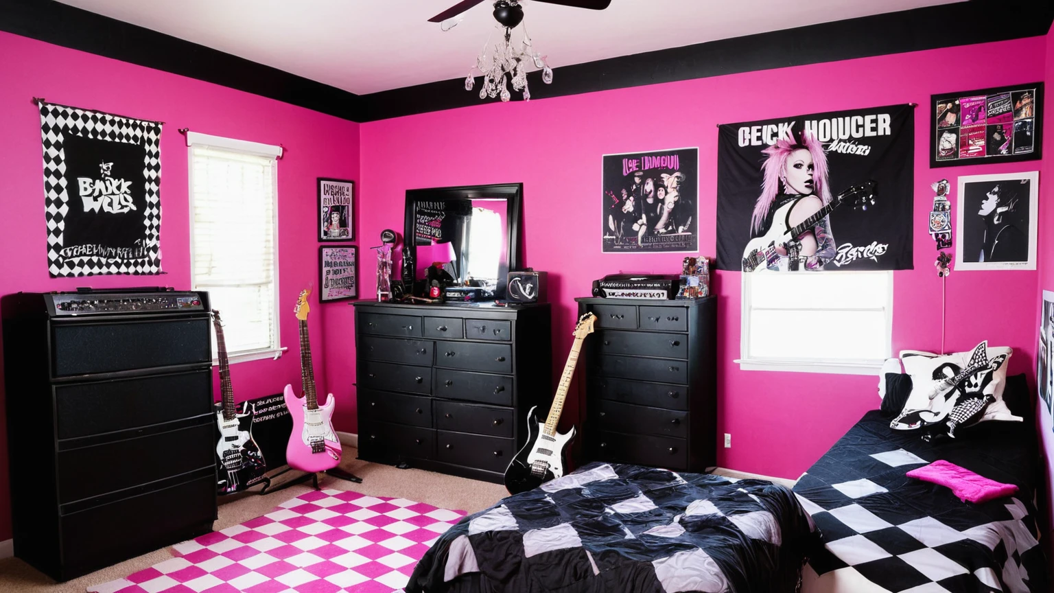 early 2000's era edgy punk rock girls themed bedroom, girl's room, pink & black walls, checkered carpet, band posters on walls, electric guitar hanging on wall, middle class household, background