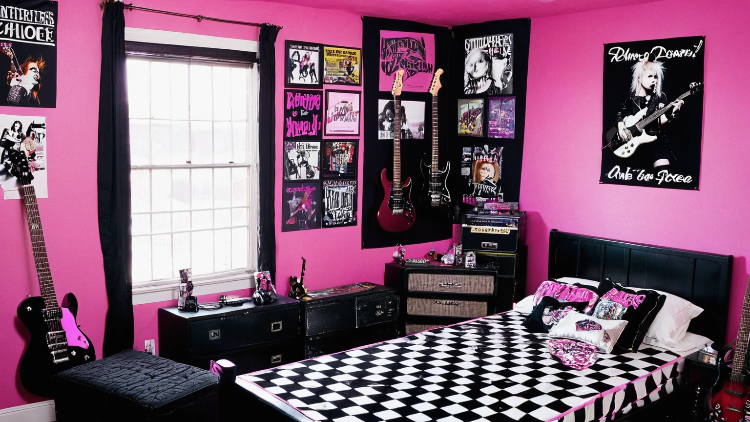 early 2000's era edgy punk rock girls themed bedroom, girl's room, pink & black walls, checkered carpet, band posters on walls, electric guitar hanging on wall, middle class household, background