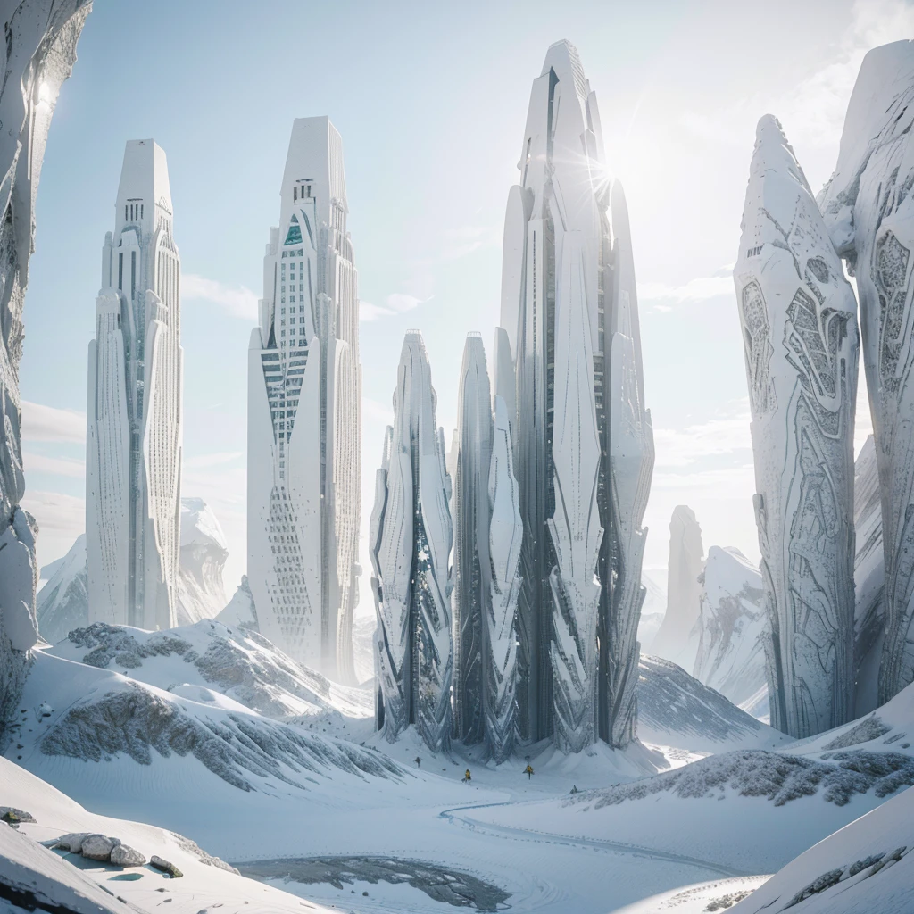 a lush alien landscape, pristine white metallic forerunner architecture, dramatic terrain, exotic flora, futuristic and otherworldly environment, intricate designs, glowing elements, sleek and towering structures, advanced technology, photo-realistic, 8k, highly detailed