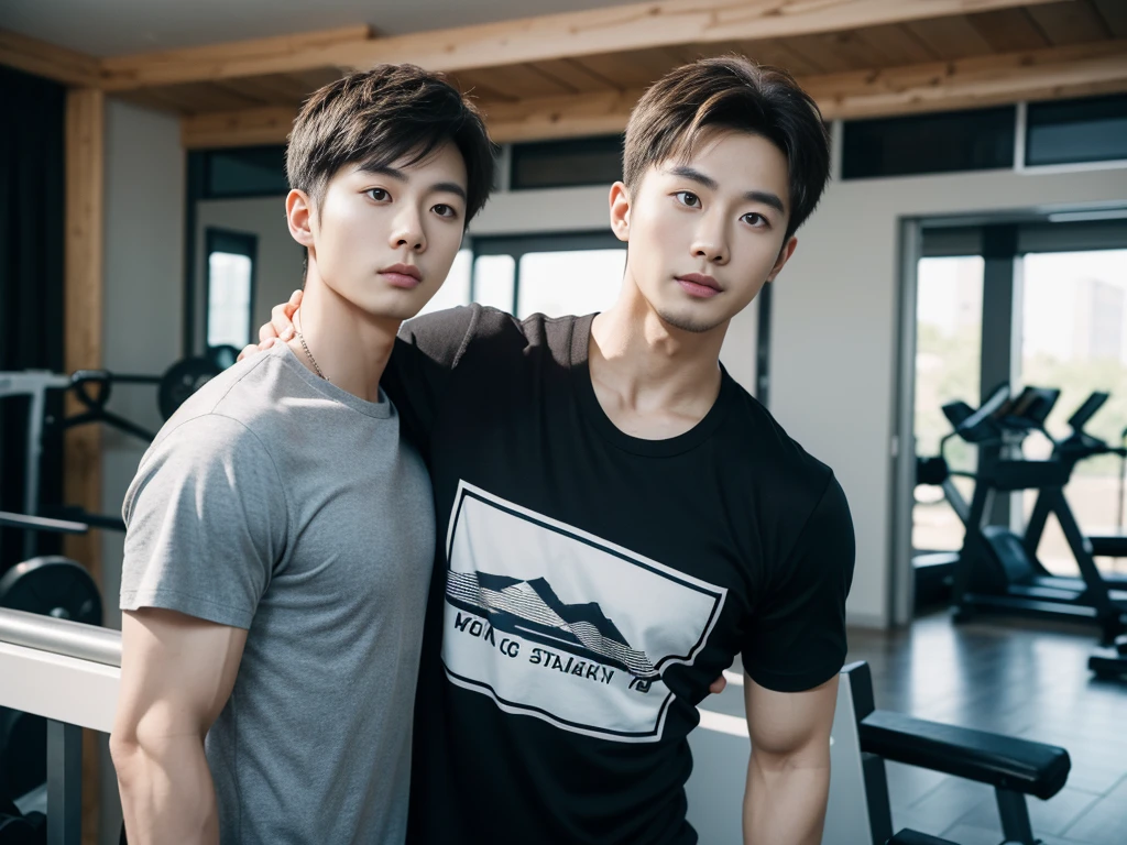 Korean man, Inspiration from Peng Yuyan, 30 years old, 236 years old, Cute Korean Face, 35 yo, 33 year old Korean muscular man，Gym in the background, black t-shirt