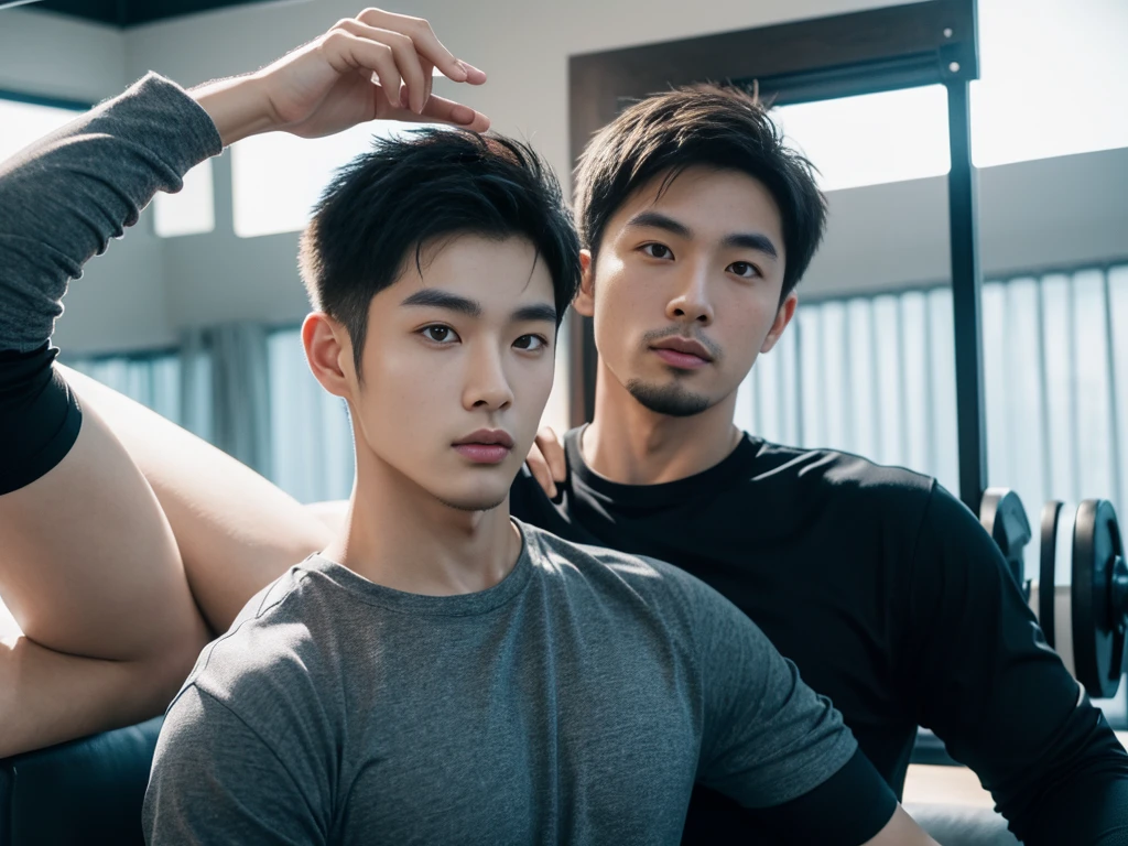 Korean man, Inspiration from Peng Yuyan, 30 years old, 236 years old, Cute Korean Face, 35 yo, 33 year old Korean muscular man,Gym in the background, black t-shirt
