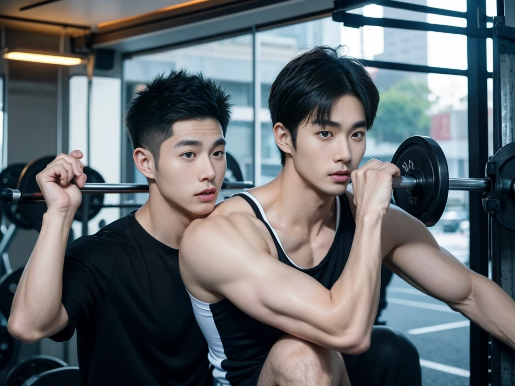 Korean man, Inspiration from Peng Yuyan, 30 years old, 236 years old, Cute Korean Face, 35 yo, 33 year old Korean muscular man，Gym in the background, black t-shirt