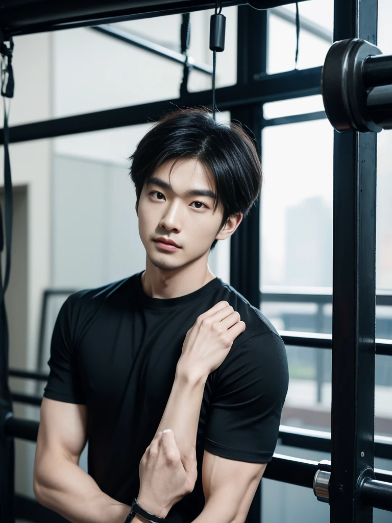 Korean man, Inspiration from Peng Yuyan, 30 years old, 236 years old, Cute Korean Face, 35 yo, 33 year old Korean muscular man，Gym in the background, black t-shirt