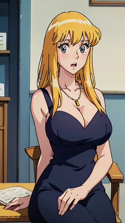 Anime cel style,
 masterpiece, Highest quality, High resolution, Anime Color,
Megami Magazine:1.2, Anime poster style,
Anime key visual, sharp, 8K, Realistic,
 (Beautiful Eyes:1.5), 

Reiko_iwife,

 One girl, 

Blonde, Long Hair, (Huge saggy breasts), (Beautiful Nudes), Cleavage, (Upper Body, Sitting), 
(Perfectly detailed anatomy, Perfect Arms, Perfect Fingers, Beautiful Face, Perfect body, Shiny skin),

police box,Police Department,office,indoor,

(Black Dress), (Semi-transparent scarf),
Golden Necklace,Rose Hair Accessories,

expression(Puzzled), (blush), Squint your eyes,Open Mouth,