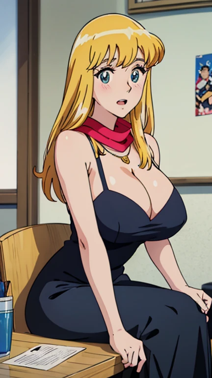 Anime cel style,
masterpiece, Highest quality, High resolution, Anime Color,
Megami Magazine:1.2, Anime poster style,
Anime key visual, sharp, 8K, Realistic,
(Beautiful Eyes:1.5),
Reiko_iwife,
One girl,
Blonde, Long Hair, (Huge saggy breasts), (Beautiful Nudes), Cleavage, (Upper Body, Sitting),
(Perfectly detailed anatomy, Perfect Arms, Perfect Fingers, Beautiful Face, Perfect body, Shiny skin),
police box,Police Department,office,indoor,
(Black Dress), (Semi-transparent scarf),
Golden Necklace,Rose Hair Accessories,
expression(Puzzled), (blush), Squint your eyes,Open Mouth,