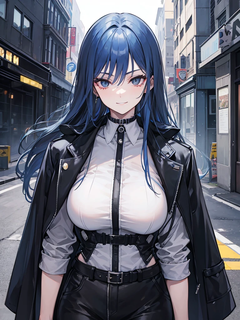 woman, long blue hair, dark gray black eyes, independent woman, intimidating, smile. mature woman. mafia. wear jacket