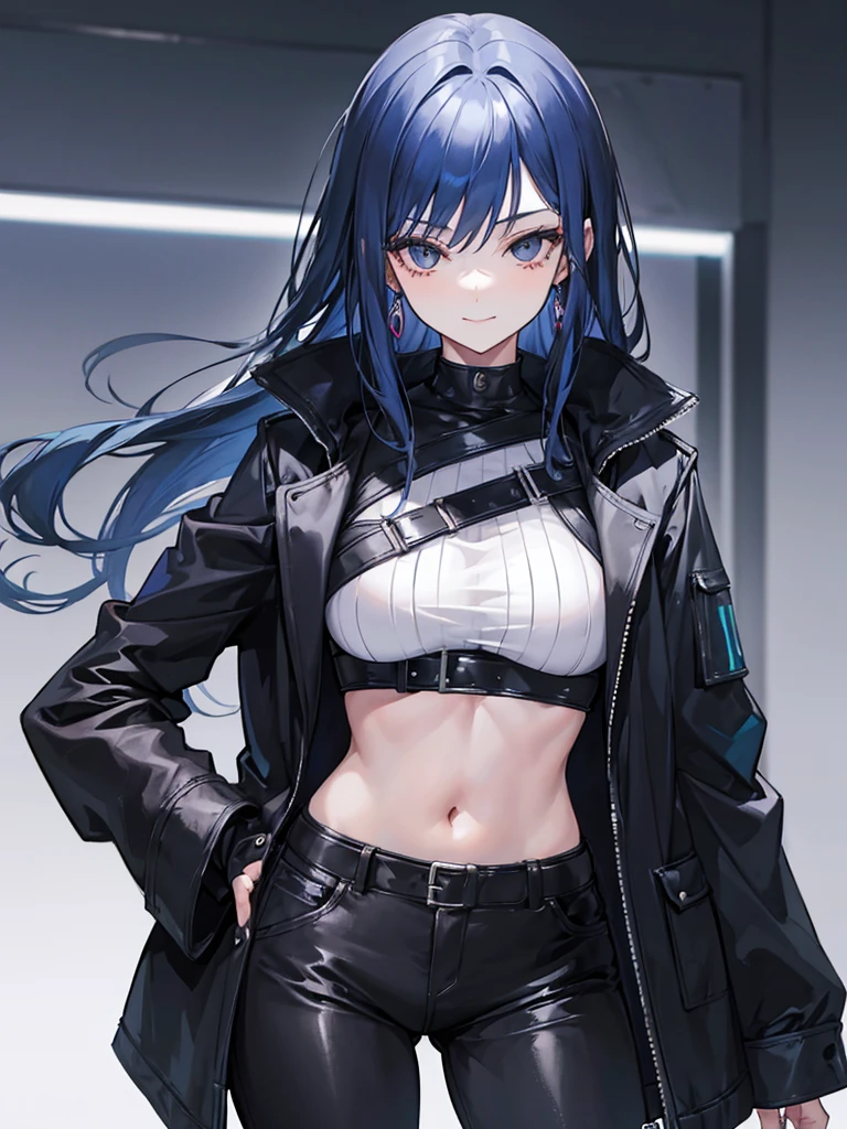 woman, long blue hair, dark gray black eyes, independent woman, intimidating, smile. mature woman. mafia. wear jacket
