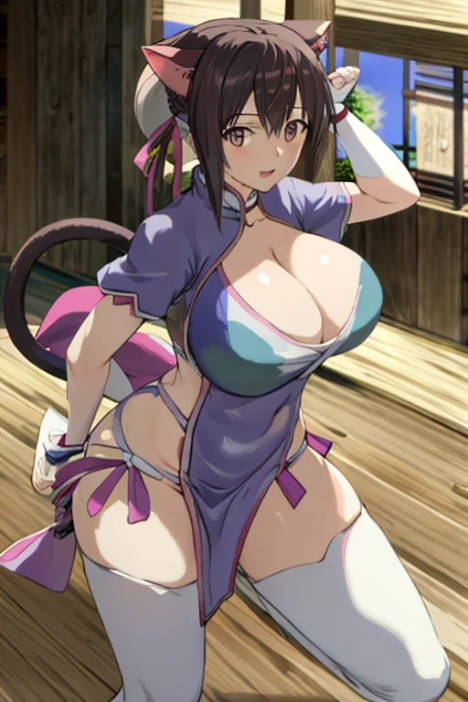 masterpiece, best quality, beautiful art, high resolution, well formed hands, body and fingers, 1 woman, solo, Lin Xiao Mei, cat ears and cat tail, hair ornament, adult, grown up, big breasted, cleavage, full body, braided long hair, blue_japanese_clothes, wearing DOA Kasumi's blue kunoichi dress, sexy and skimpy japanese clothes, kimono peek, sleeveless, white stockings, gorgeous legs and thighs,fighting in a combat match, showing her fighting skills, making her guard, about to hit the viewer, looking at the viewer, sweating, bouncing breasts, smiling joyfully and brightly, being confident and proud, action and fighting scene, fighting cage on beach environment