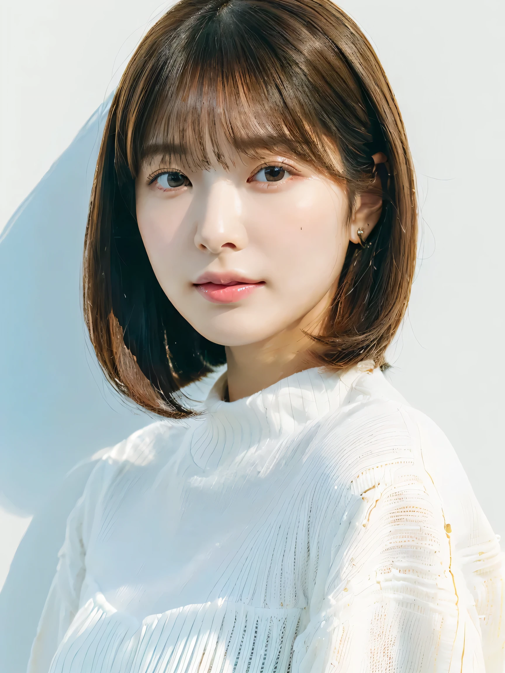 (Ultra-high resolution:1.5)(Very detailed:1.3) (super high quality) (super high quality:1.5) (Realistic photos:1.3) Japanese women、Short hair with bangs、Photographed in front of a white wall、Age 35　((細かくてbeautiful顔:1.3)) ((Realistic skin texture:1.3)) ((Accurate, High quality eyes:1.3)) ((High density and high quality tip)) ((beautiful, Very white and clear skin:1.3)) ((beautifully groomed straight short bob hair))Perfect body　beautifulプロポーション　(Long sleeve dress)、beautiful high-definition image quality