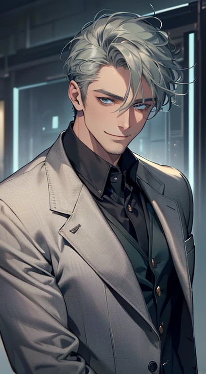 (best quality, masterpiece, 8K, photorealistic, cinematic lighting, 1:4 hdr image, ultra detailed, beautiful image), a mature man, 35 years very handsome, ((cold expression smile in love)), short grey green hair, blue eyes, face perfect without mistakes, ((buttoning his jacket, CEO)), smile.