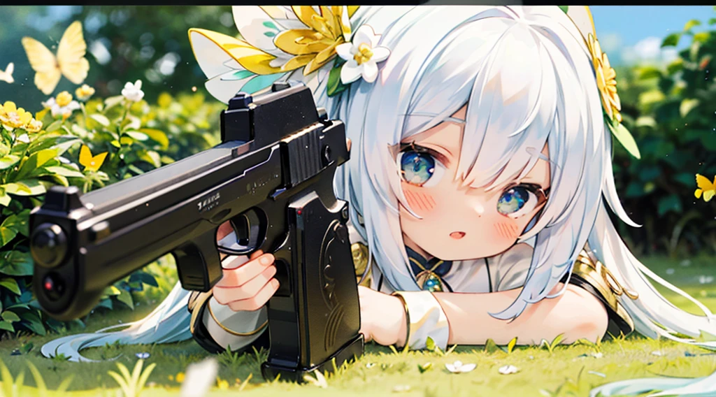 Octane Render、(Hyper-detailing: 1.15)、cinematic lightening、Cute Fantasy Princess、Handgun shooting practice、Fine Pattern Pistol,long boots、ultradetailed eyes、Full Paint、（Floral hair ornament、butterfly hair ornament）、masutepiece、Anatomically correct、blur、depth of fields