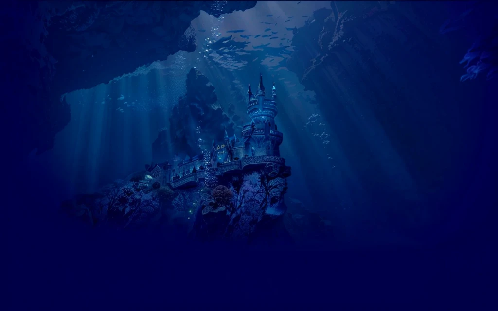 uhd, masterpiece, anatomically correct, textured skin, super detail, high details, high quality, best quality, highres,16K, vivid,Complex intricate details,Very refined depth of field,Photorealism,Professional Lighting,There is a castle in the middle of the deep blue ocean, deep sea landscape, Underwater Edinburgh Castle, Undersea temple, Underwater city, a dark underwater scene, bubble, Deep under the sea, Underwater scenery, A huge floating castle, Under the Deep Sea, Deep under the sea scene, Night on the seabed, Seabed environment, Undersea fish