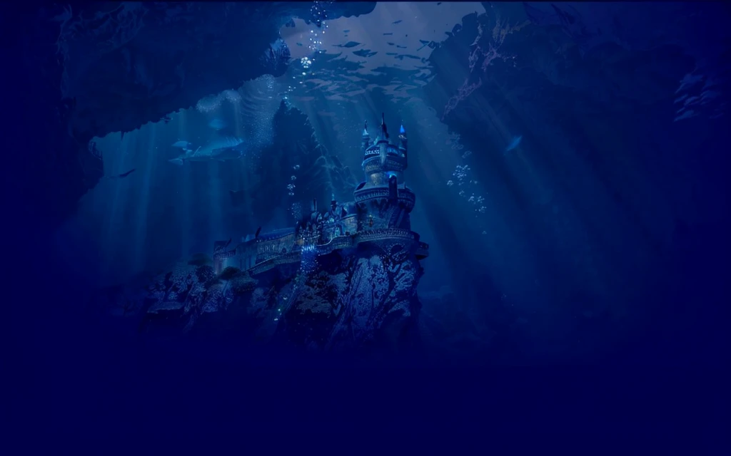 uhd, masterpiece, anatomically correct, textured skin, super detail, high details, high quality, best quality, highres,16K, vivid,Complex intricate details,Very refined depth of field,Photorealism,Professional Lighting,There is a castle in the middle of the deep blue ocean, deep sea landscape, Underwater Edinburgh Castle, Undersea temple, Underwater city, a dark underwater scene, bubble, Deep under the sea, Underwater scenery, A huge floating castle, Under the Deep Sea, Deep under the sea scene, Night on the seabed, Seabed environment, Undersea fish