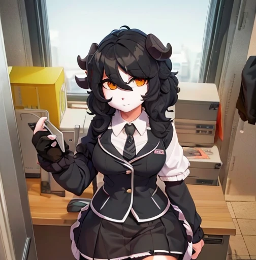 (detailed), (((chica SHEEP))), (((SHEEP))), (((black wavy hair))), ((Skirt)), (((office worker suit))), (White skin), (sfw)