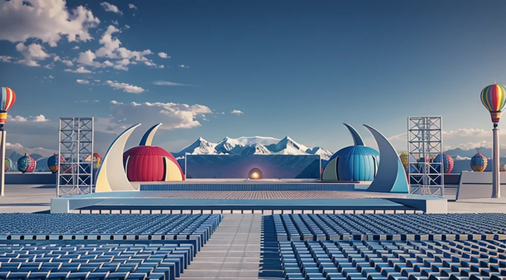 masterpiece，C4D，OC Renderer，high quality，Bright hues，Outdoor event stage design 3D rendering, Tibet, LED screen, two red podiums and blue seats, Grass, chairs, mountains, hot air balloon, snow, mountains, white, panoramic view
