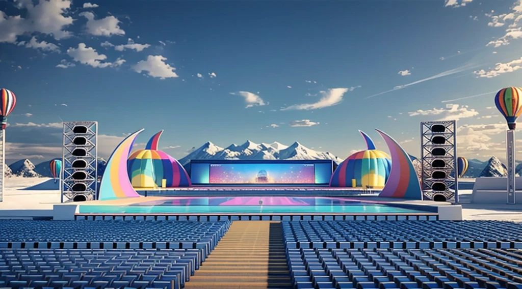 masterpiece，C4D，OC Renderer，high quality，Bright hues，Outdoor event stage design 3D rendering, Tibet, LED screen, two red podiums and blue seats, Grass, chairs, mountains, hot air balloon, snow, mountains, white, panoramic view