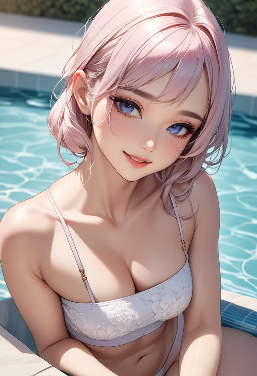 (((masterpiece))),(((High resolution)))、(((perfect face)))、(((Korean beauty)))、30 years old、(((beautiful face)))、(((tube top))), (bikini)、((top quality eyes)), detailed texture, ((high resolution face)), erotic smile, at the pool