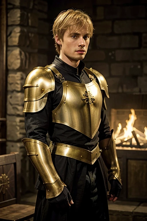 Bradley James, (blonde) green eyes, black clothes,(hot) (golden armor) (medieval) 