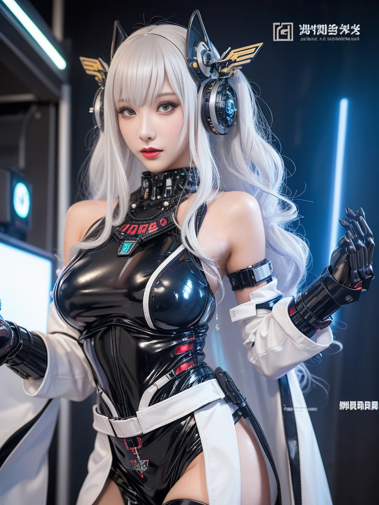 Super Detail, High Detail, high quality, best quality, High resolution，1 female robot，Beautiful female robot,beautiful clear face(Rain waves_haneame：1.5)， Realistic, High resolution, Soft Light,Hips up, (Detailed face), silver hair, long hair, Mecha Maiden, Colorful mechanical parts, mechanical joint, Thick mechanical armor,Weaponry, All metal body, Technology Antenna Hair Accessories